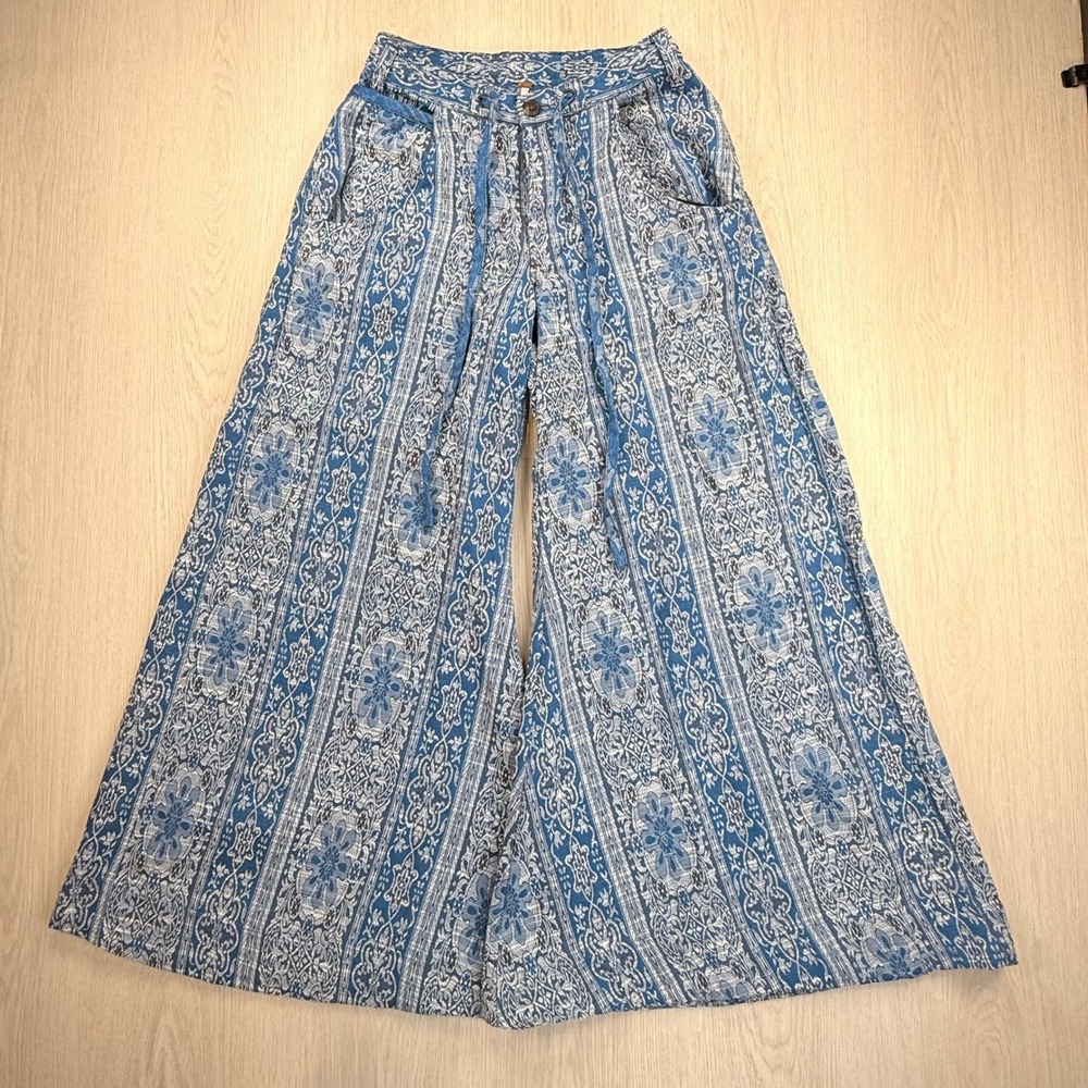 Free People Blue Medallion Stripe Wide Leg Boho Pants Linen Blend Size 0 - Picture 2 of 11